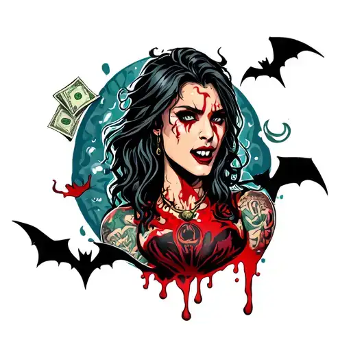 Full-sleeve tattoo, wrist to elbow, street style. Include: forest, money, blood, vampire fangs, bats, wind, flowing wate tattoo design idea