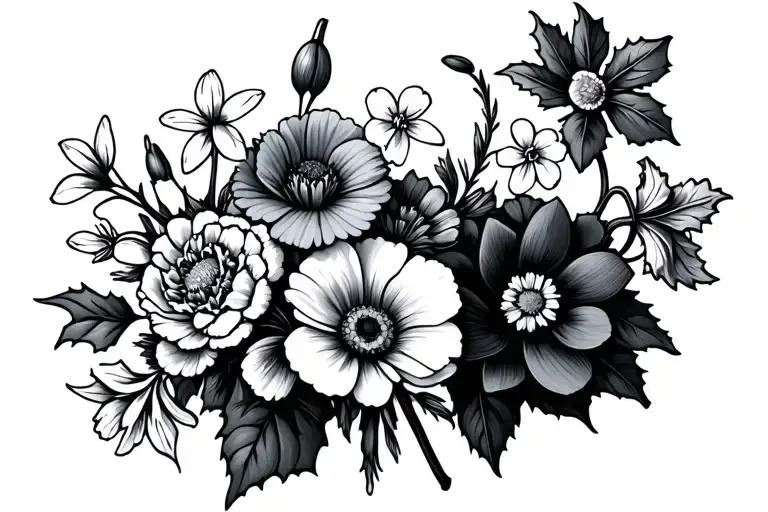 bundle of flowers carnation, snowdrop, violets, primrose, daisy, sweet pea, holly and narcissus tattoo design idea