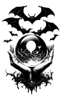 witches hands holding a crystal ball surrounded by bats flying tattoo design idea