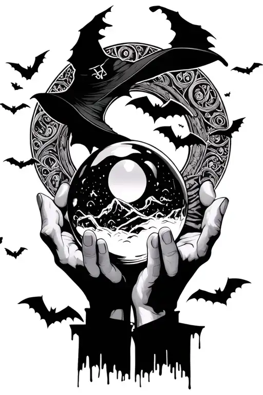 witches hands holding a crystal ball surrounded by bats flying tattoo design idea