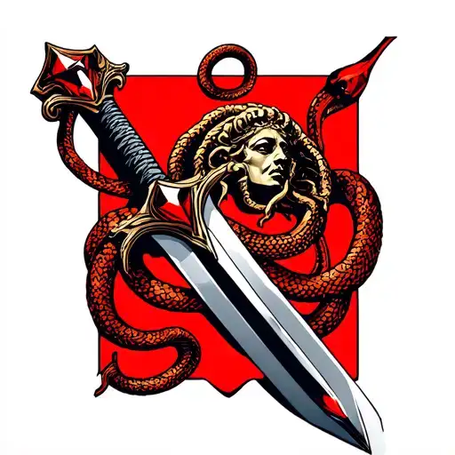 Sicilian sword with the Medusa head in the gem and snakes wrapping around the sword in red for a back tattoo tattoo design idea