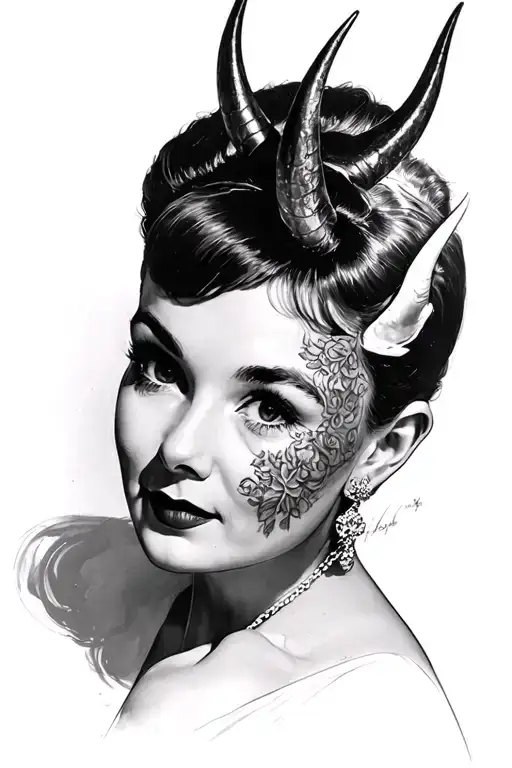 Audrey Hepburn in Sabrina (1954) with devil horns bahamut head tattoo design idea