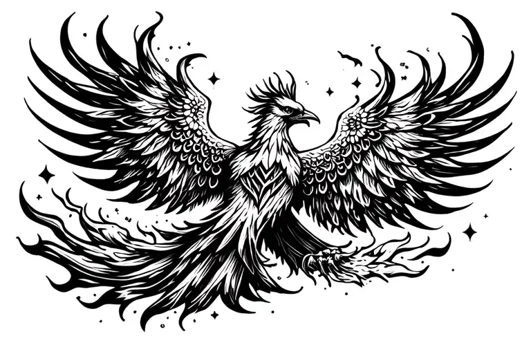 A phoenix emerging from flames transitions into intricate abstract patterns (geometric shapes, mandalas, or cosmic eleme tattoo design idea