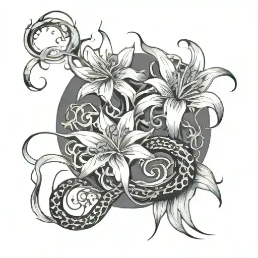 spider lily's with japanese dragon and Crescent moon  tattoo design idea