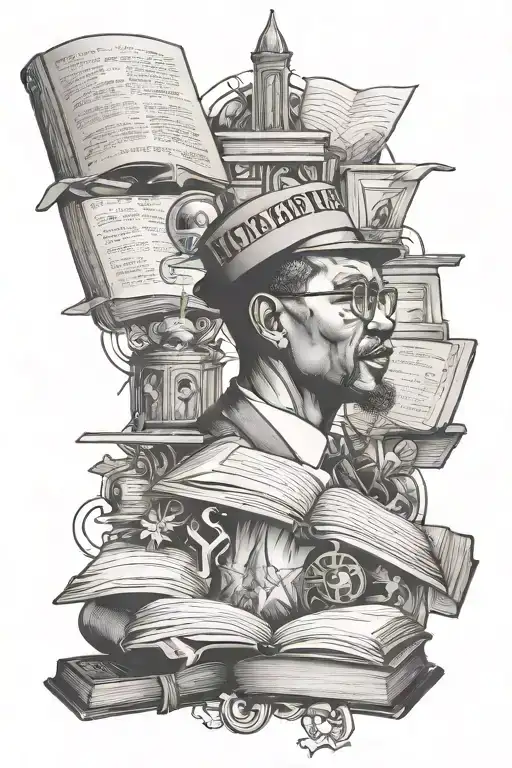  Babylon history inspired tattoo featuring elements with Malcom x and books  tattoo design idea