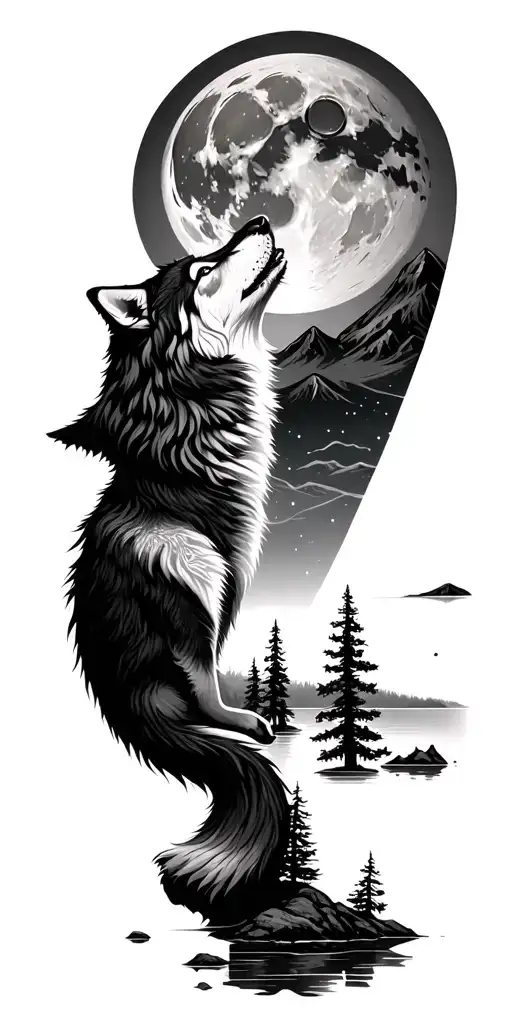 howling wolf, full moon over forest with lake forest Alps nature tattoo design idea