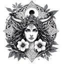 Celtic Goddess, Danu. Surrounded by Salmon, the moon and Moonflowers tattoo design idea