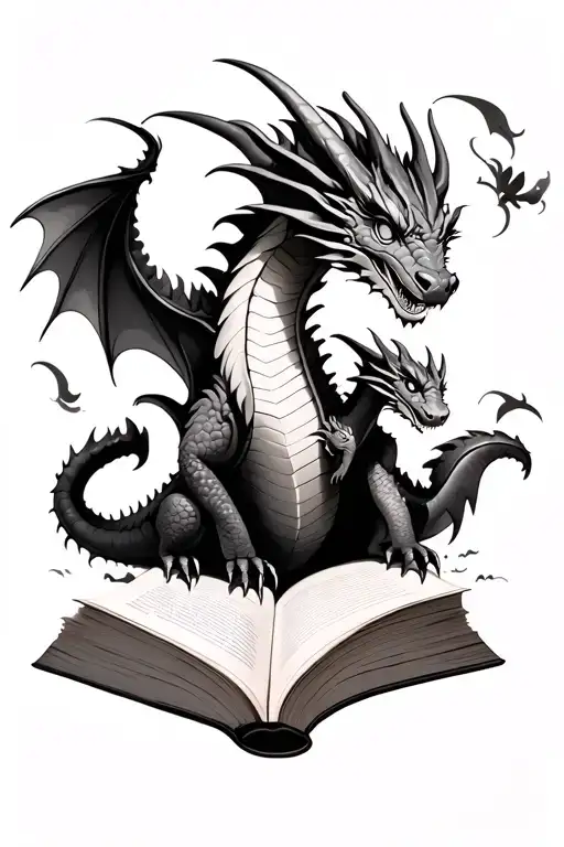 simple feminine adult dragon with a baby dragon flying out of a book tattoo design idea