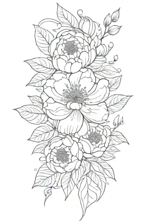 Flower, leaves, peony, buds, berry clusters, detailed petals, line work, shading, black and gray, forearm, floral arrang tattoo design idea