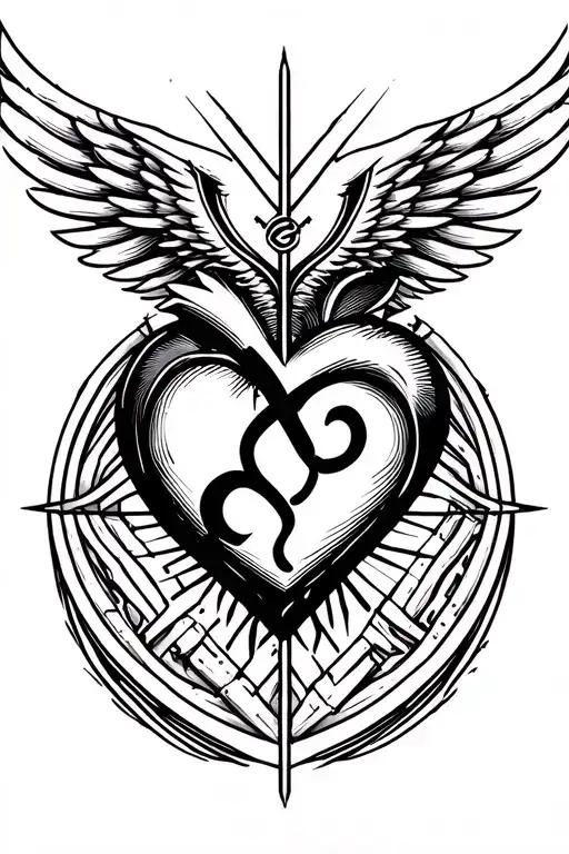 heart with phoniex wings crowned by a broken infinity symbol and a semicolon lining the heart tattoo design idea