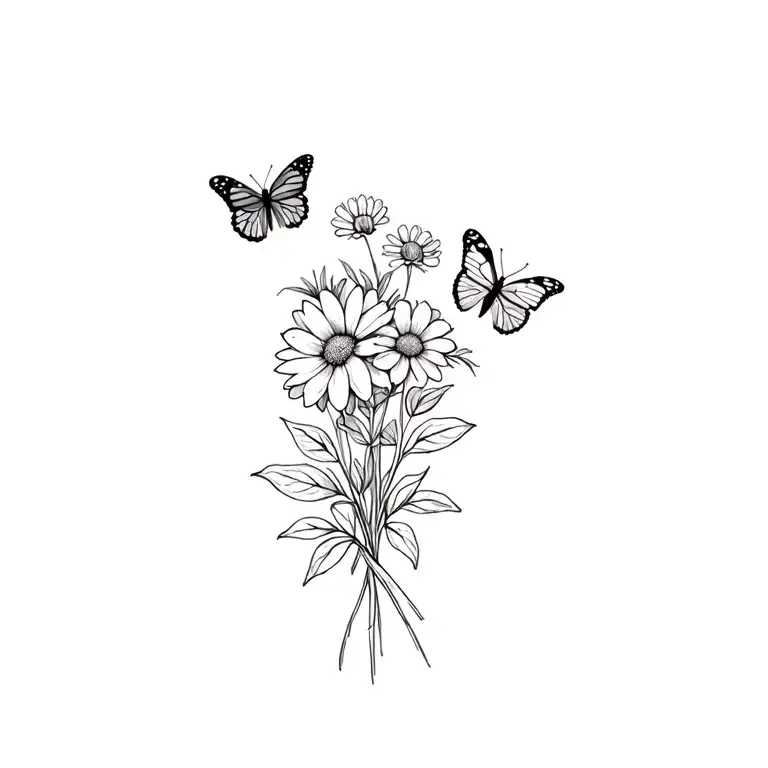 March june and November birth flower bouquet and two small butterflies  tattoo design idea
