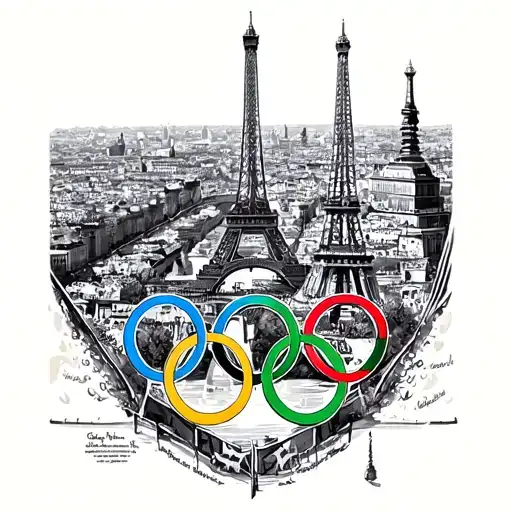 Olympic rings intertwined with iconic Paris landmarks tattoo design idea