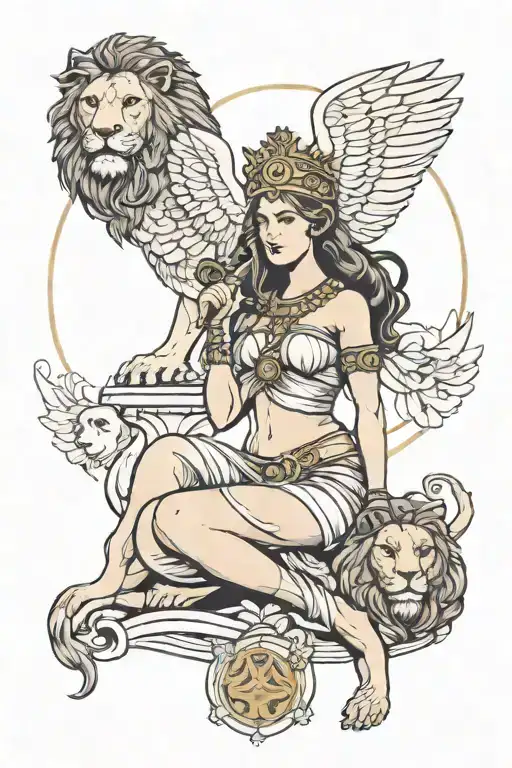Athena goddess and lion  tattoo design idea