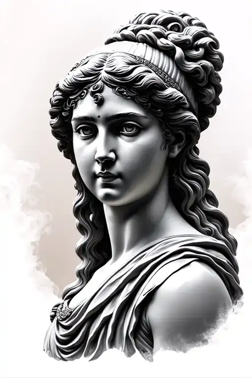 forward facing beautifull greco roman women fighter statue bust tattoo design idea