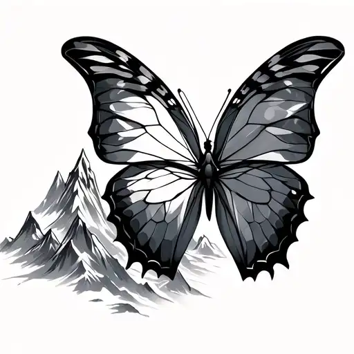 A fine-line, geometric tattoo design featuring a realistic butterfly in the center, with a stylized mountain peak shape  tattoo design idea