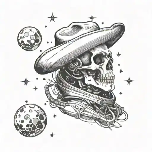 astronaut floating in space with a cowboy hat and skeleton head stars background tattoo design idea