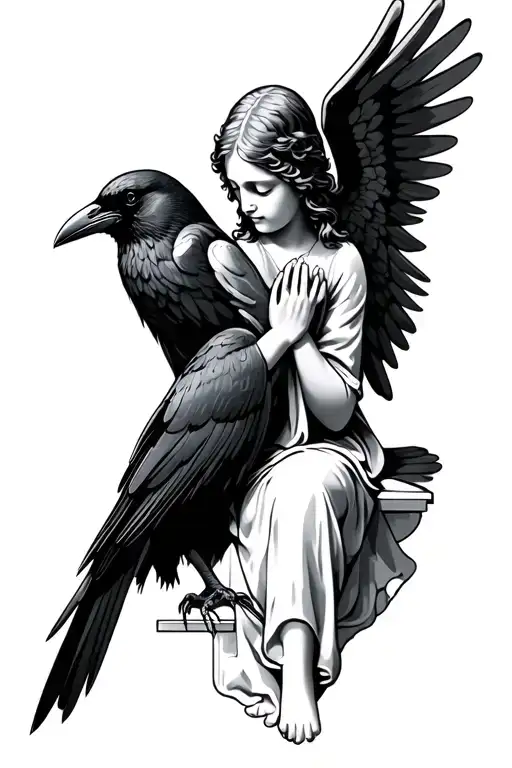 praying angel and crow sitting tattoo design idea