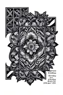 Create a small thin lined tattoo with a Portuguese-inspired type of tile and space for birthday dates. tattoo design idea