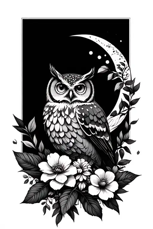 foliages + flowers + owl  + moon tattoo design idea