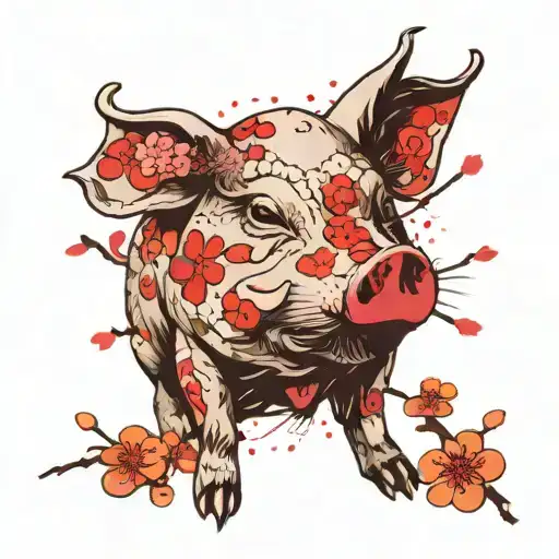 Traditional Japanese-style tattoo of a pig with cherry blossoms tattoo design idea