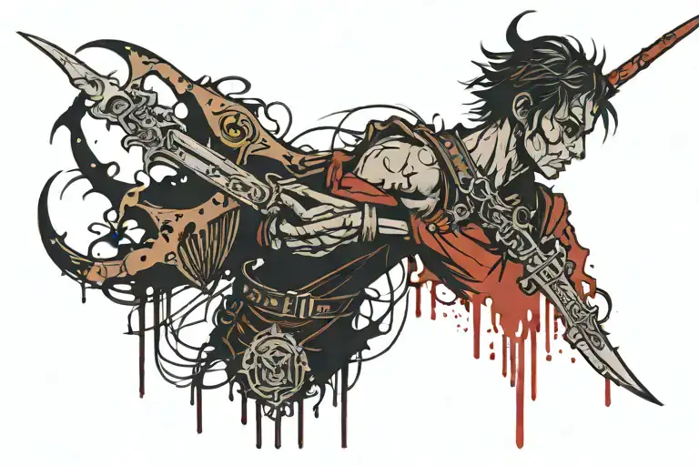 2d profile silhouette, wounded ritiz with dagger stuck in back, dripping blood still fighting with outnumbered enemies o tattoo design idea