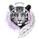 woman and tigers face morphed into one phases of the moon on top lilac/rose border cursive d with halo or angel wings tattoo design idea