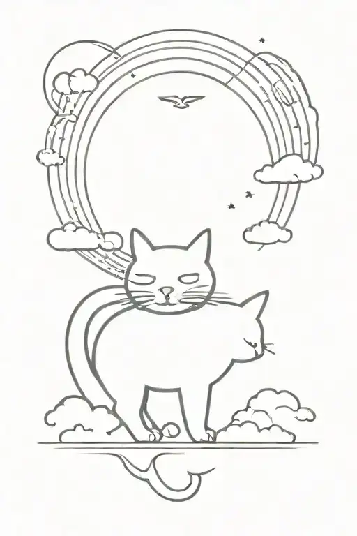 cat with wings walking on the rainbow bridge towards the clouds tattoo design idea