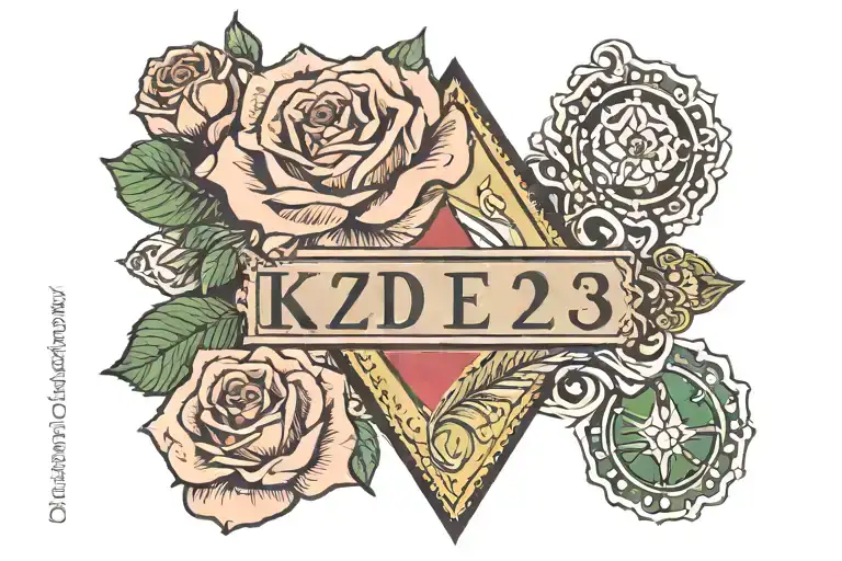 text "k2delta38" with minimal rose and Green triangular gems tattoo design idea