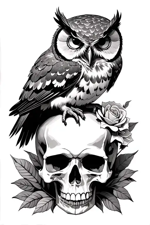 owl perched on top of a skull with the words momento mori  tattoo design idea