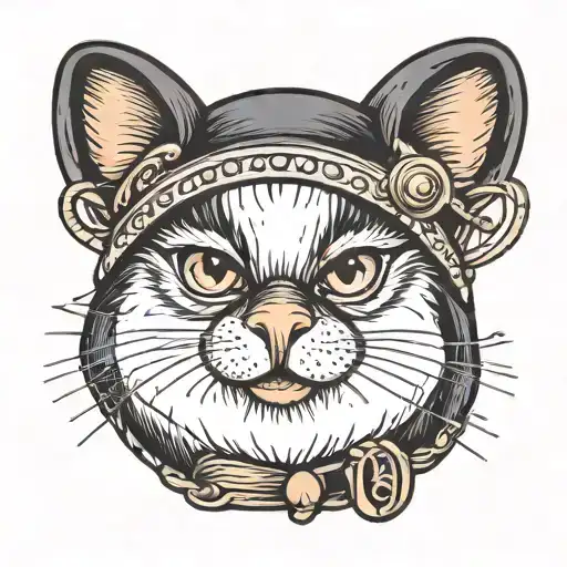 penguin wearing cat ears hat and holding a cat head pebble in hand tattoo design idea