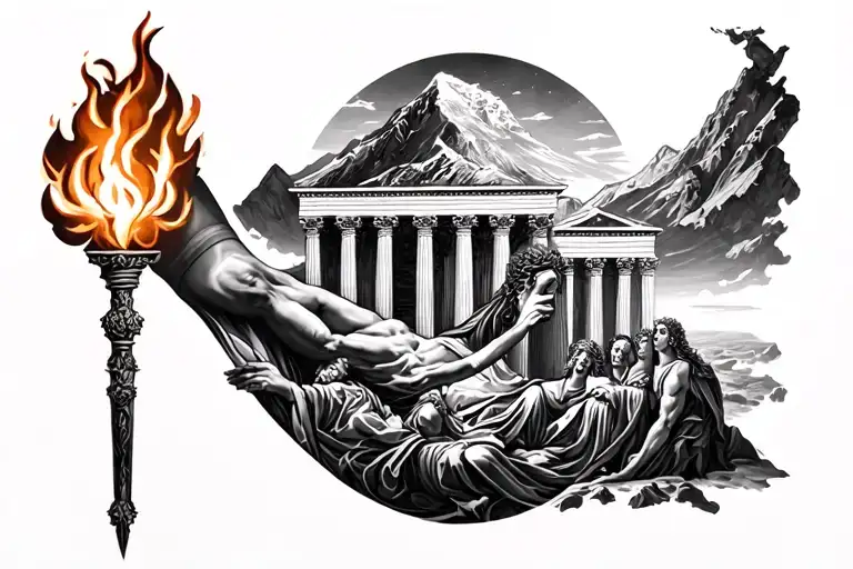 forearm half sleeve with greek pantheon with fire torch and mountain Olympus tattoo design idea