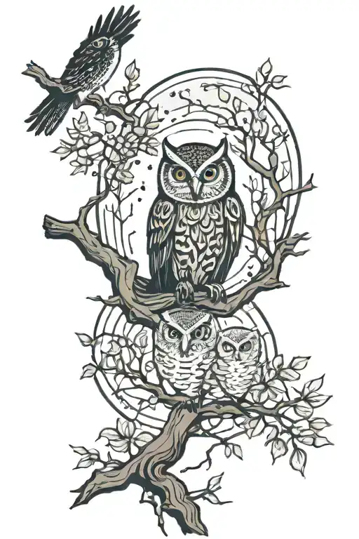 forest surround by the moon with owls sitting on a branch tattoo design idea