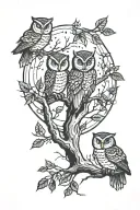 forest surround by the moon with owls sitting on a branch tattoo design idea