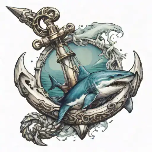 Sea anchor as the theme, add shark tattoo design idea