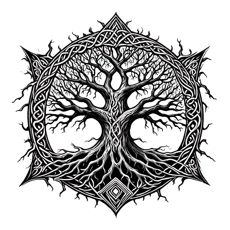 celtic tree of life with lightning roots growing tattoo design idea