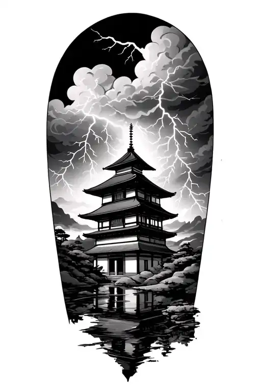 dark clouds and heavy lightning surrounding japanese building and scenery tattoo design idea