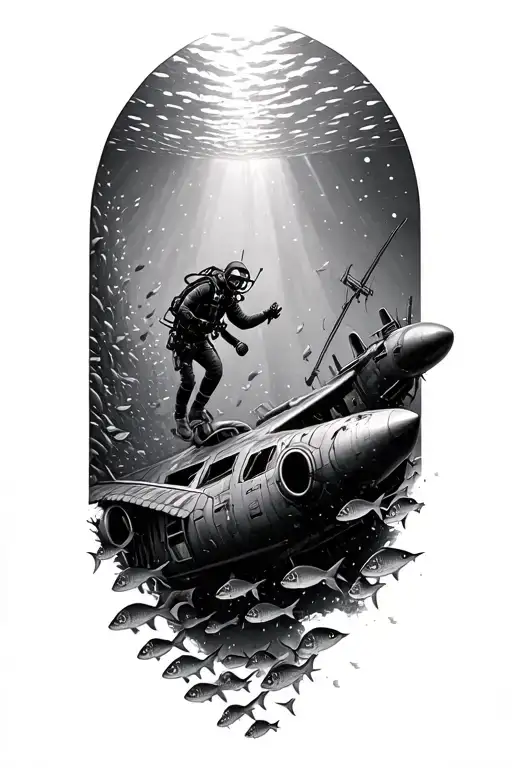 A detailed underwater scene with a scuba diver exploring a sunken airplane wreck surrounded by schools of fish tattoo design idea