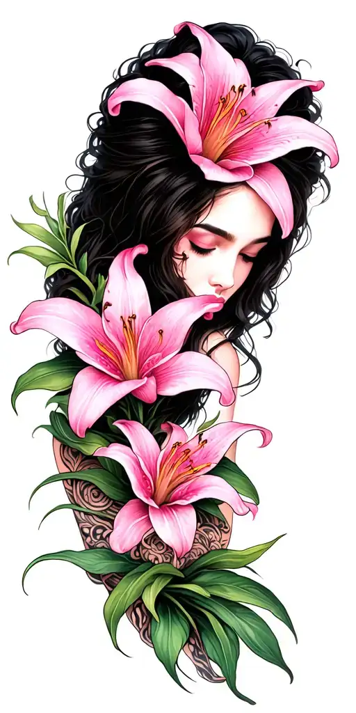 Full sleep with lifelike pink lilies with henna surrounding tattoo design idea