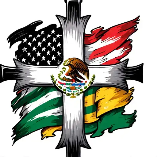 cross with the american, mexican, and irish flag around the cross tattoo design idea
