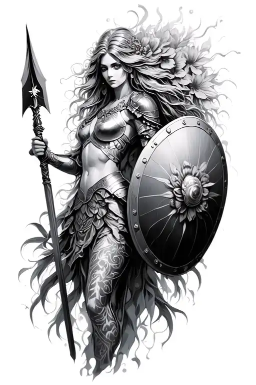 goddess juno, hair covering most of her face, in battle armour holding spear and shield. with surreal size flowers tattoo design idea