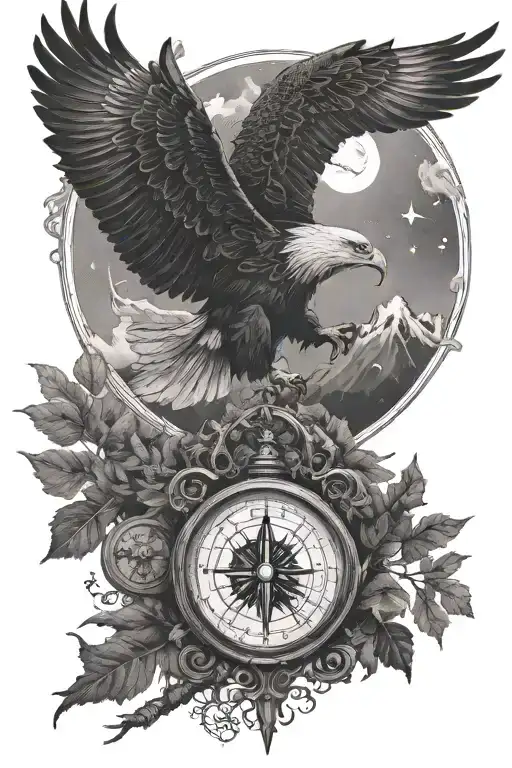 Eagle, Sky, Compass, Trees, River, Moon  tattoo design idea