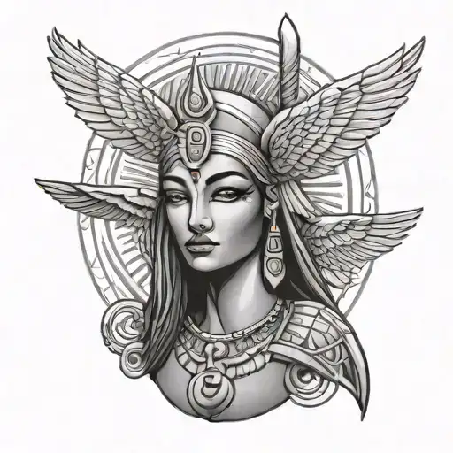 A black-grey tattoo of the goddess Isis holding a traditional ankh symbol tattoo design idea