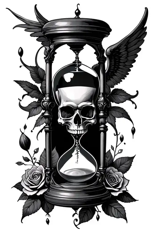 tempus fight Memento Mori, Memento Vivere, hourglass with skull, wings and rose, hand-drawn  tattoo design idea