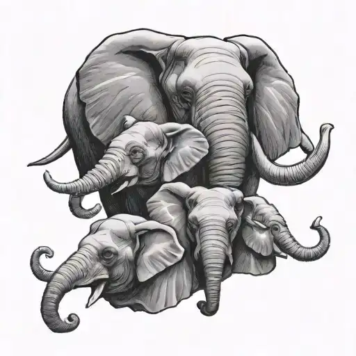 three elephant heads, one is an adult and two are babies  tattoo design idea