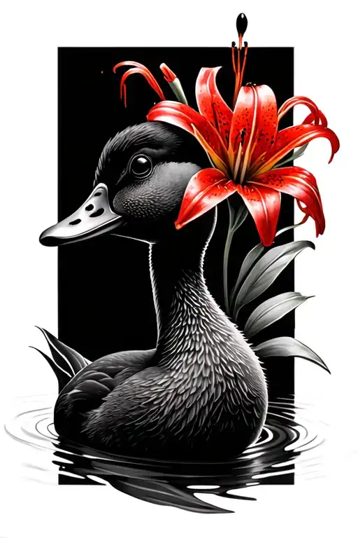baby duck with two heads in black and white with a red spider lily somewhere tattoo design idea
