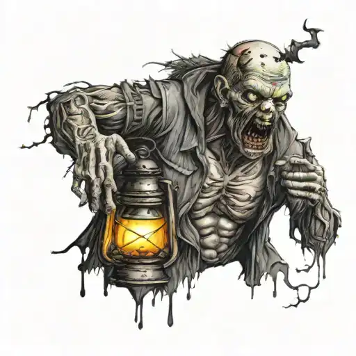 horror tattoo in the style of realism and graphics on the chest with a lantern in the hand of a zombie tattoo design idea