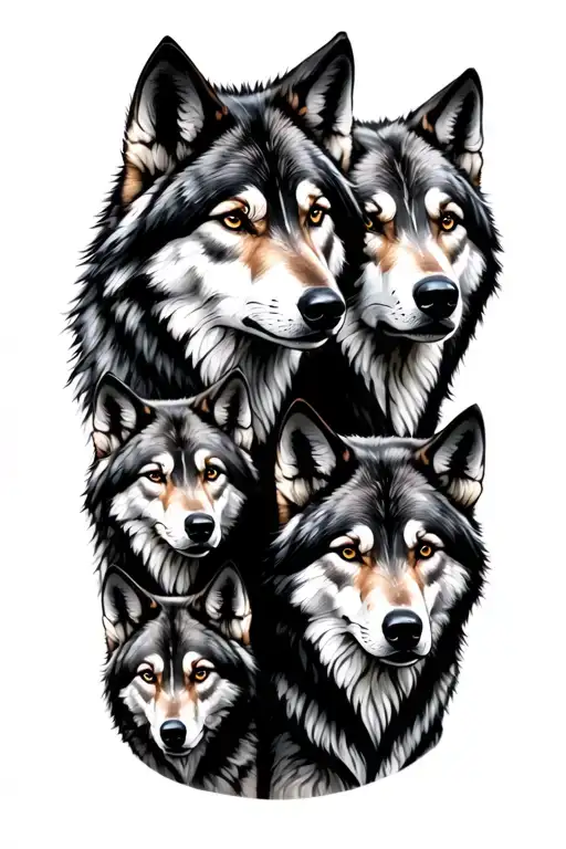 wolf pack with two adult and two baby wolfs  tattoo design idea