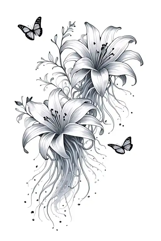2 spider lilies, 2 jellyfishes with trailing tentacles intertwining with flowers, spider lily-inspired butterflies swarm tattoo design idea