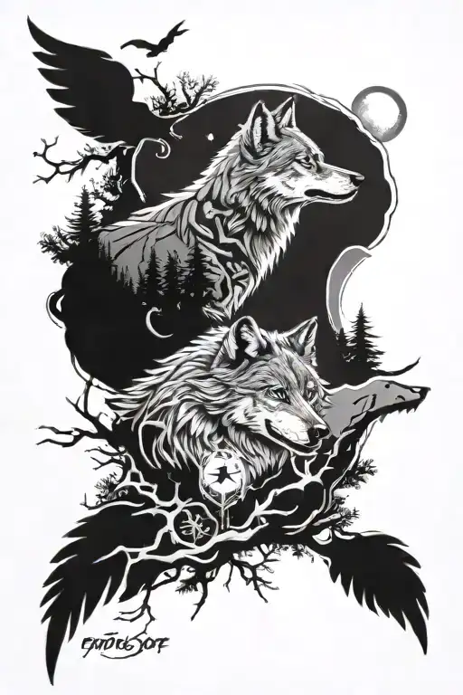 Tattoo sleeve. A wolf with a grin, a star of a pack, the moon, a raven flies over the forest tattoo design idea