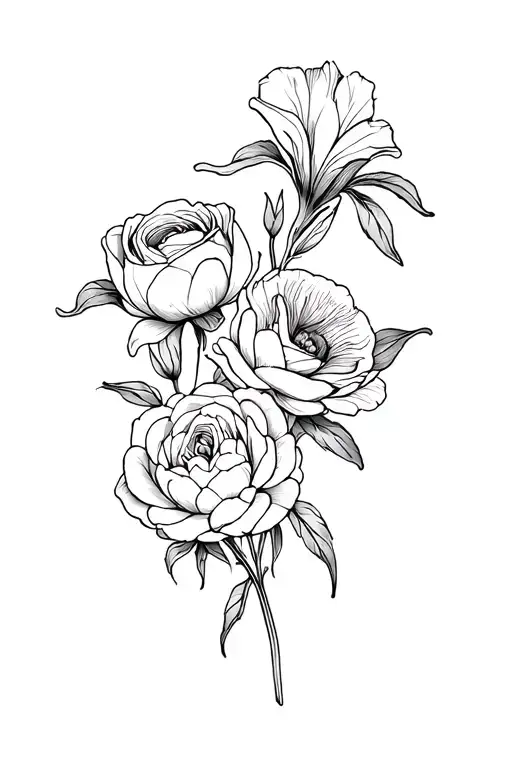 create a floral tattoo design of three flowers: An Iris, rose, and peony. make them fine line work. this tattoo will be  tattoo design idea